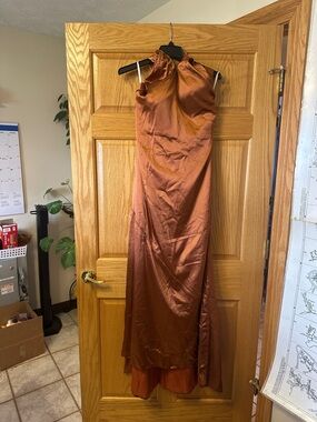 Satin High-Neck Copper Brown Evening Dress